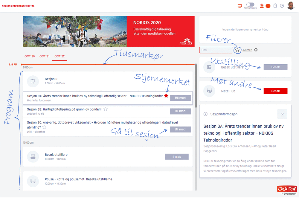 Skjermutklipp fra hovedbildet i konferanseportalen OnAir. Tidslinje, Utstilling og Møtehub