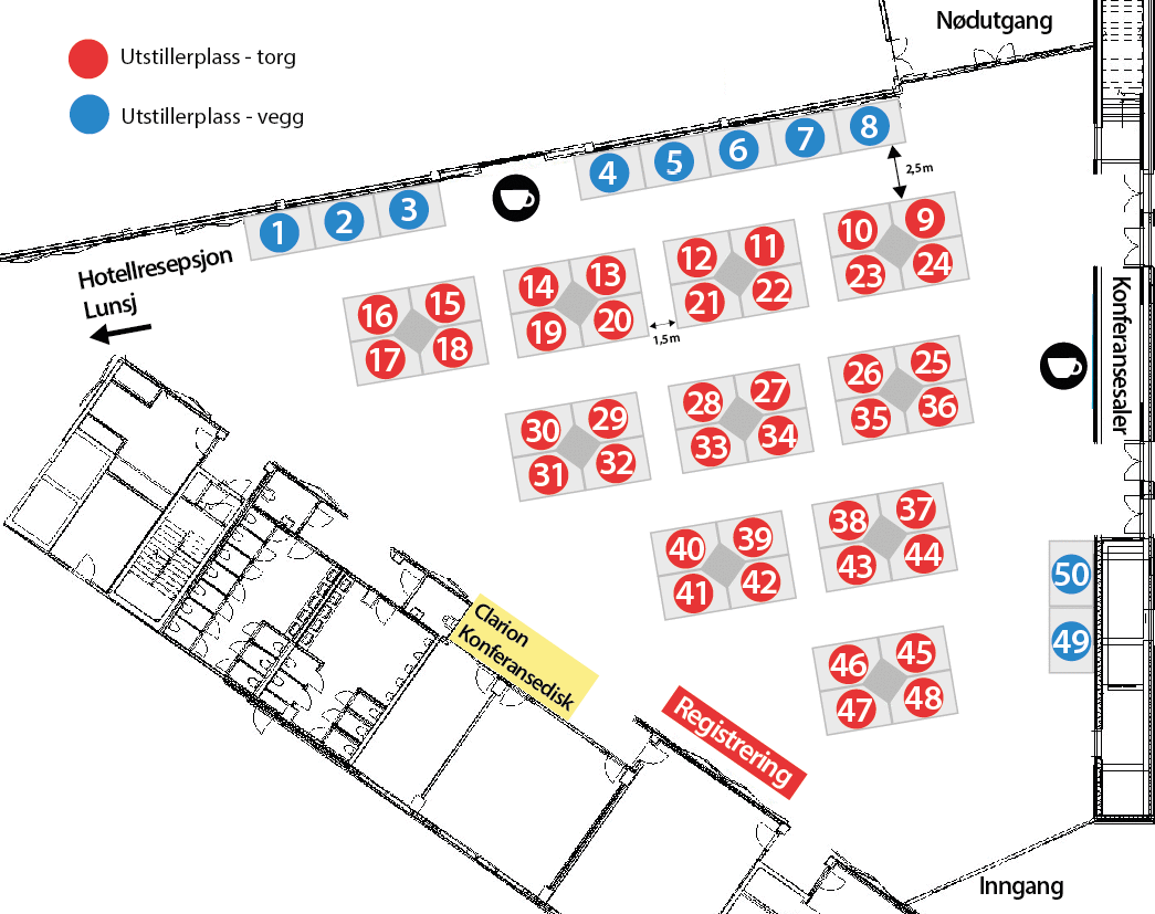 Utstillingsområde: plass 1-8 og 49-50 er langs vegg. Plass 9-48 er i torg.. Alle plassene ligger i vrimleområdet utenfor konferansesalene.