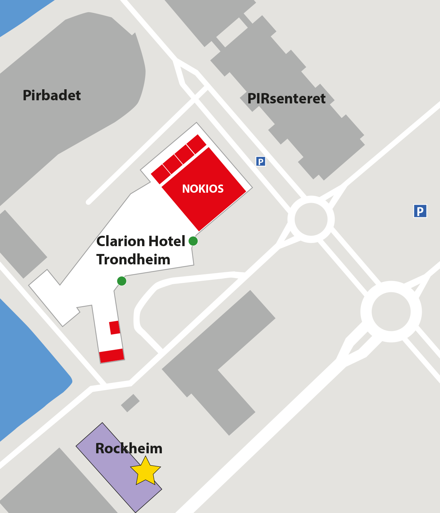 Kart som viser byggene Clarion Hotel Trondheim og Rockheim.