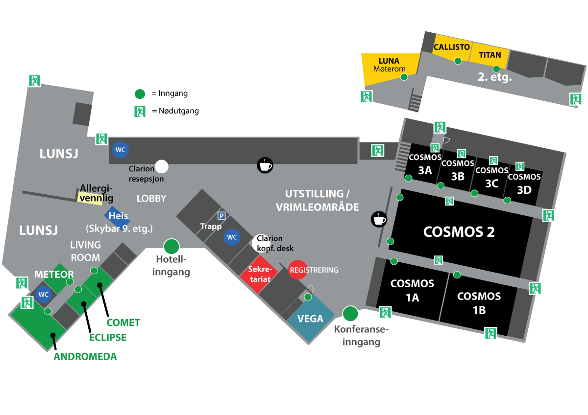 Romplan for NOKIOS 2023 med rominndeling for tirsdag. 