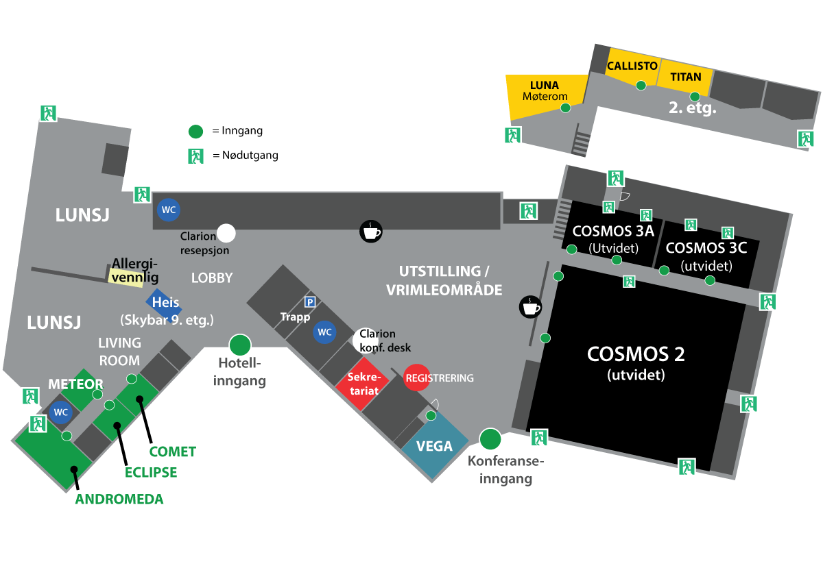 Romplan for NOKIOS 2023 med rominndeling for onsdag og torsdag.