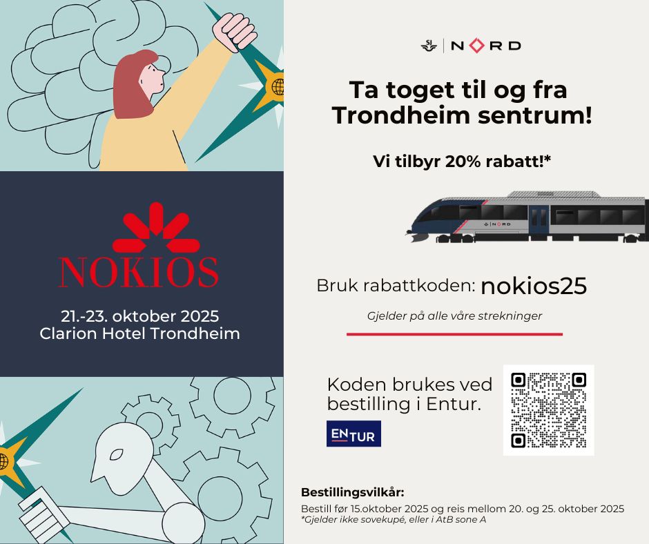NOKIOS-konferansen 2025 Ta toget til NOKIOS, flyer. samme tekstinnhold som over.
