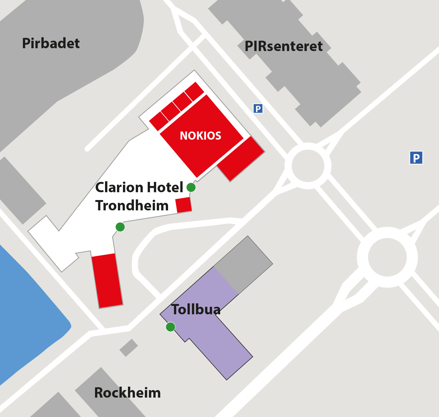 koneranseomrade-med-tollbua-4-1400 Kart som viser Clarion Hotel Trondheim med Tollbua rett over gaten fra hotellets hovedinngang