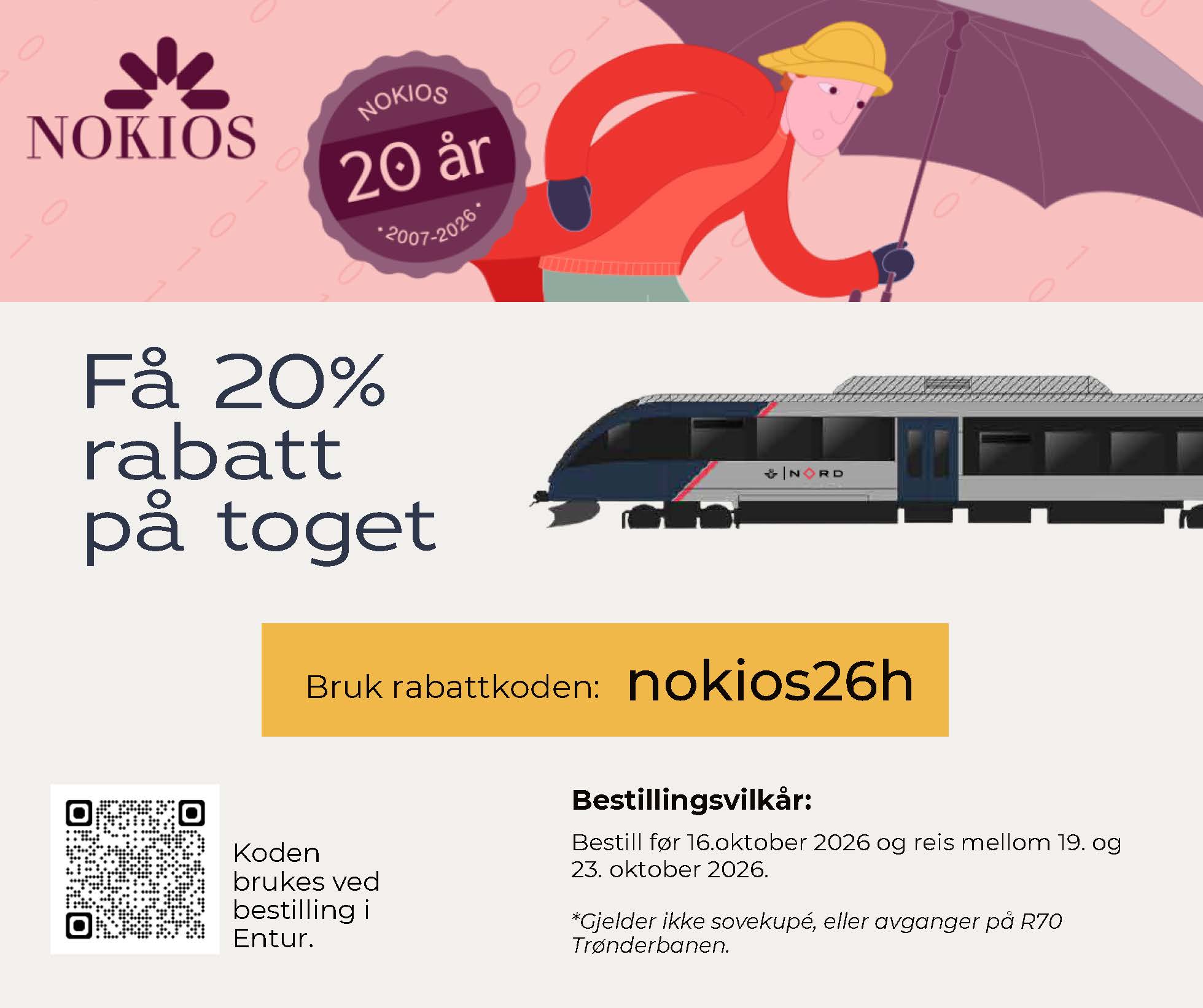 Ta toget til NOKIOS, flyer. samme tekstinnhold som over.